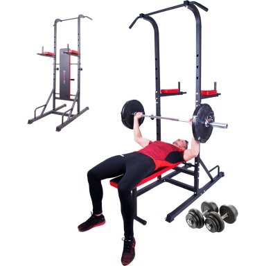 Daugiafunkcis treniruoklis inSPORTline Power Tower X150 + 50 kg štangos ir hantelių rinkinys