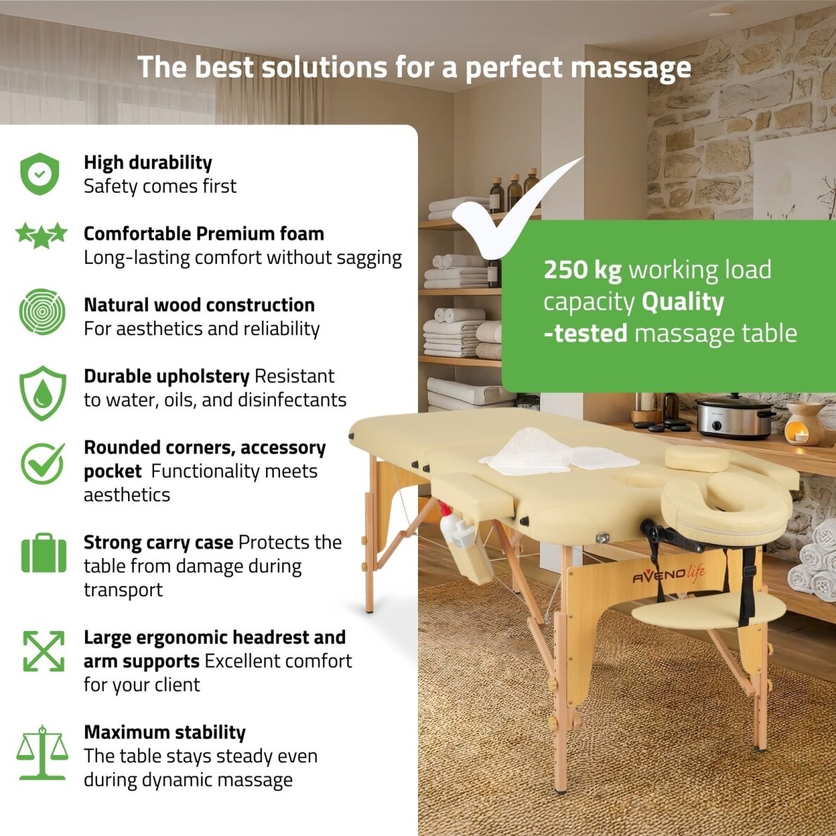 Sulankstomas masažo stalas AVENO LIFE Sofia 70 Comfy Base – medinis, U formos kojos 1 Sulankstomas masažo stalas AVENO LIFE Sofia 70 Comfy Base – medinis, U formos kojos 1