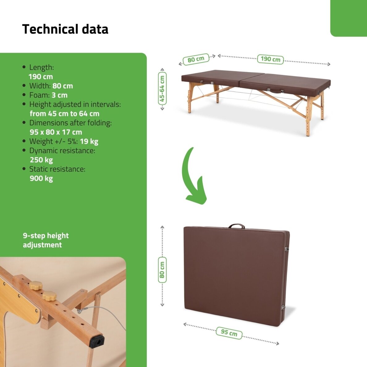 Sulankstomas tajų masažo stalas AVENO LIFE Niro 80 PU – medinis, 45–64 cm 2