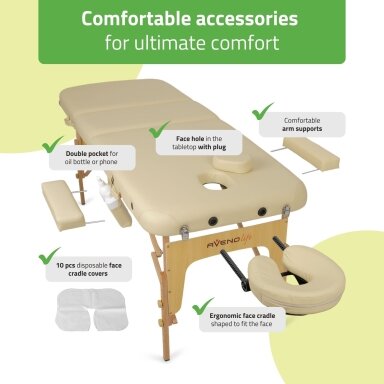 Sulankstomas masažo stalas AVENO LIFE Bianca 70 Comfy Base – medinis, 3 dalių, reguliuojamas Sulankstomas masažo stalas AVENO LIFE Bianca 70 Comfy Base – medinis, 3 dalių, reguliuojamas