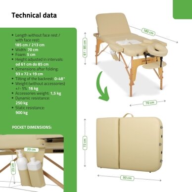 Sulankstomas masažo stalas AVENO LIFE Bianca 70 Comfy Base – medinis, 3 dalių, reguliuojamas 6
